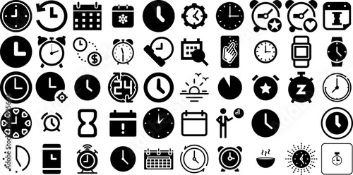 Huge Set Of Time Icons Pack Hand-Drawn Isolated Infographic Signs Patient, Finance, Rapid, Set Logotype Isolated On White Background
