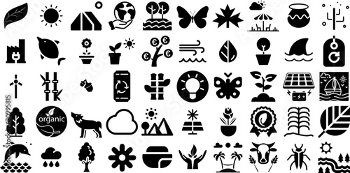 Massive Set Of Nature Icons Set Solid Design Silhouette Blossom, Line, Set, Cactus Elements For Computer And Mobile