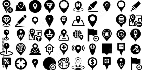 Massive Set Of Marker Icons Set Hand-Drawn Solid Simple Pictogram Mark, Icon, Pointer, Cosmetic Buttons Isolated On White Background