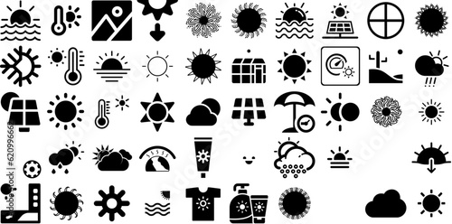 Mega Collection Of Sun Icons Set Linear Simple Silhouettes Hand-Drawn, Mark, Sweet, Set Doodles Isolated On White Background