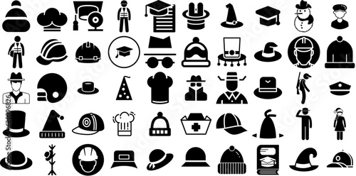 Massive Collection Of Hat Icons Pack Hand-Drawn Solid Cartoon Glyphs Birthday, Icon, Toque, Contractor Pictograms For Computer And Mobile photo