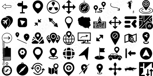 Big Set Of Navigation Icons Bundle Hand-Drawn Black Simple Glyphs Icon, Symbol, Pointer, Option Silhouettes Isolated On Transparent Background