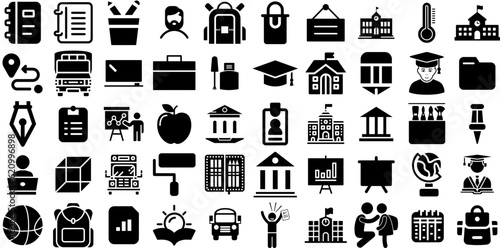 Mega Collection Of School Icons Pack Hand-Drawn Linear Simple Symbol Apple  Draw  Set  Course Silhouette Isolated On Transparent Background