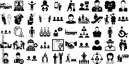 Huge Set Of People Icons Bundle Hand-Drawn Solid Infographic Silhouette People, Counseling, Profile, Silhouette Pictogram Isolated On White Background