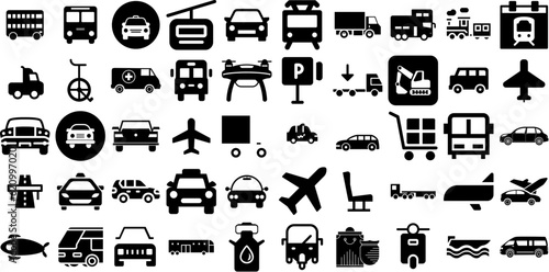 Huge Set Of Transportation Icons Collection Solid Design Signs Bus  Global  Funicular  Set Silhouettes For Computer And Mobile