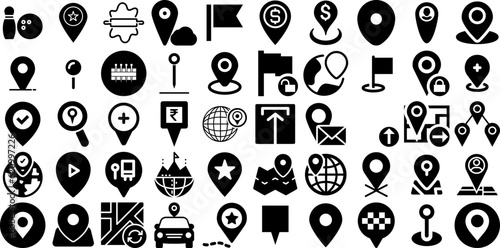 Mega Set Of Pin Icons Bundle Hand-Drawn Black Design Symbols Icon, Pointer, Symbol, Circus Clip Art Isolated On Transparent Background