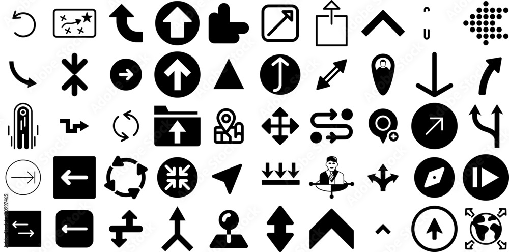 Mega Set Of Direction Icons Collection Hand-Drawn Isolated Concept Glyphs Way, Symbol, Renewal, Icon Pictograms Isolated On Transparent Background