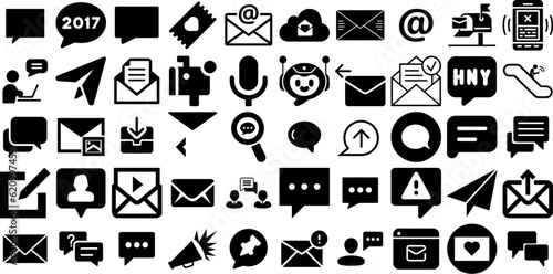 Massive Set Of Message Icons Collection Hand-Drawn Black Design Pictogram Post, Optimization, Toque, Icon Elements For Computer And Mobile