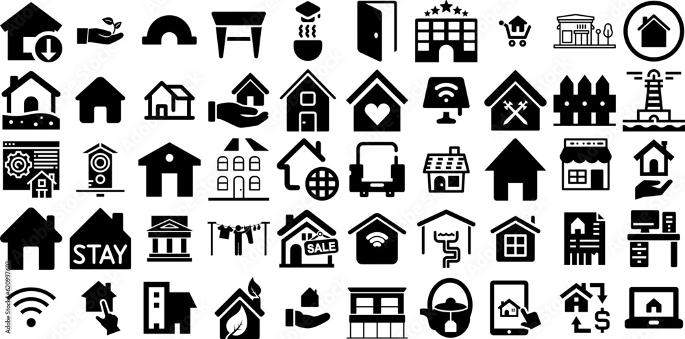 Huge Collection Of House Icons Set Hand-Drawn Black Modern Symbols Mark, Silhouette, Roof, Tool Doodle Isolated On Transparent Background