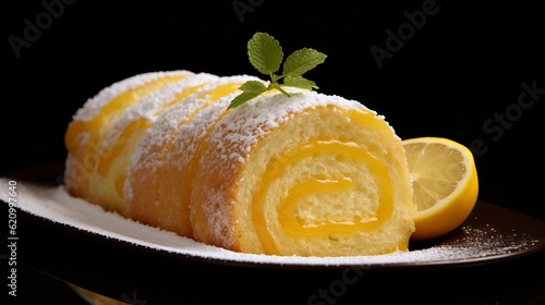 Food bakery bake photography background - Biscuit roll / jellyroll / swiss roll with lemon cream filling, isolated on black background  (Generative Ai) photo