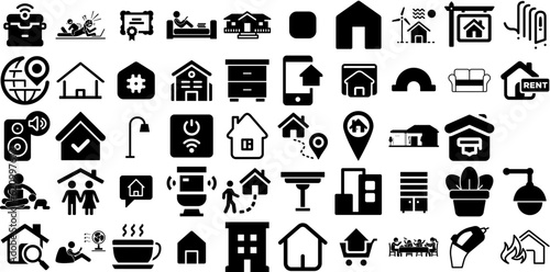 Massive Collection Of Home Icons Collection Hand-Drawn Black Concept Pictogram People, Sensor, Installation, Automation Illustration Vector Illustration