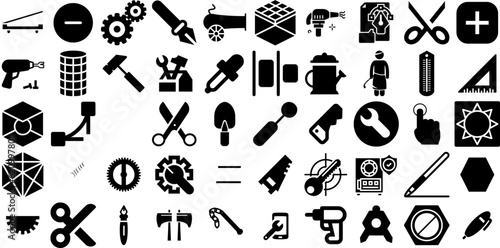 Huge Set Of Tool Icons Bundle Hand-Drawn Solid Design Web Icon Trimming, Set, Tool, Engineering Glyphs Isolated On Transparent Background photo