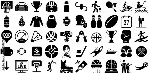 Big Collection Of Sport Icons Pack Hand-Drawn Linear Cartoon Clip Art Silhouette, Health, Court, Tool Glyphs Isolated On White Background photo