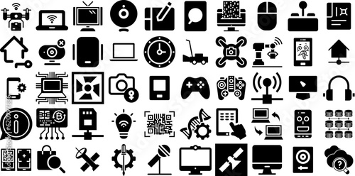 Huge Set Of Technology Icons Bundle Hand-Drawn Isolated Cartoon Clip Art Tool, Illumination, Coin, Printing Doodles Isolated On White Background