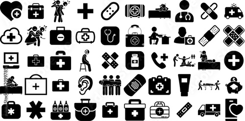 Massive Collection Of Aid Icons Bundle Hand-Drawn Linear Cartoon Web Icon Badge, Icon, Symbol, Health Doodle For Computer And Mobile