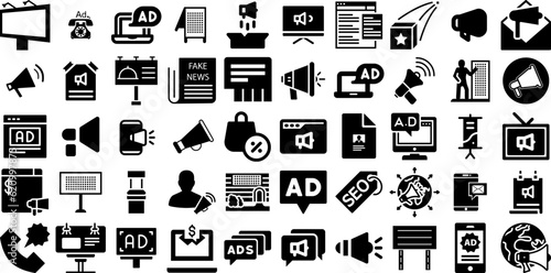 Big Set Of Advertisement Icons Pack Hand-Drawn Black Modern Symbols Brother  Icon  Badge  Speaker Illustration Isolated On White Background