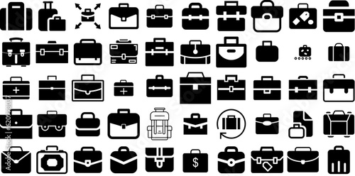 Big Set Of Briefcase Icons Collection Solid Modern Silhouettes Baggage, Finance, Icon, Business Doodle For Computer And Mobile