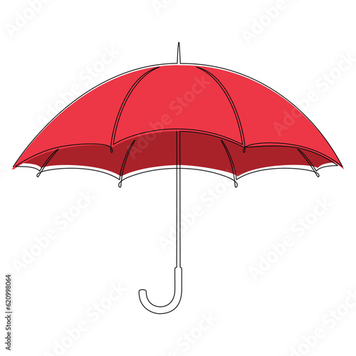 Red stick umbrella icon vector. One line continuous drawing. Doodle illustration. Hand drawn linear silhouette. Graphic design, outline print, banner, card, poster, brochure, shop logo, sign, symbol.