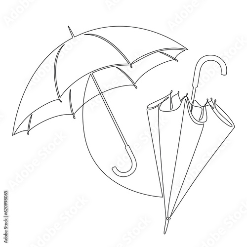 Outline stick umbrella icons set vector. One line continuous drawing. Doodle illustration. Hand drawn linear silhouette. Graphic design, print, banner, card, poster, brochure, shop logo, sign, symbol.
