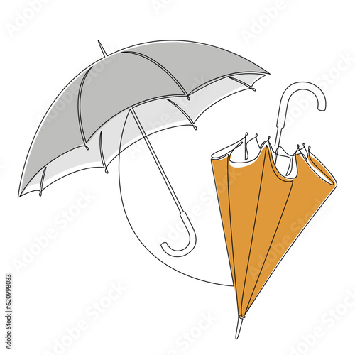 Yellow grey stick umbrella icons set vector. Line continuous drawing. Doodle illustration. Hand drawn linear silhouette. Graphic design, print, banner, card, poster, brochure, shop logo, sign, symbol.