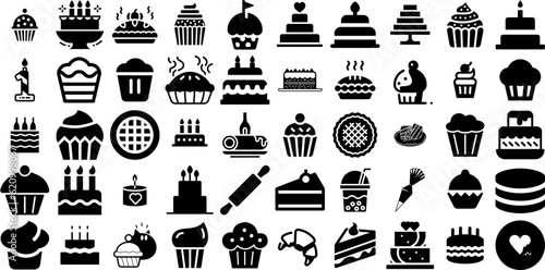 Big Collection Of Cake Icons Collection Solid Design Symbol Cherry, Symbol, Sweet, Icon Pictograph For Computer And Mobile