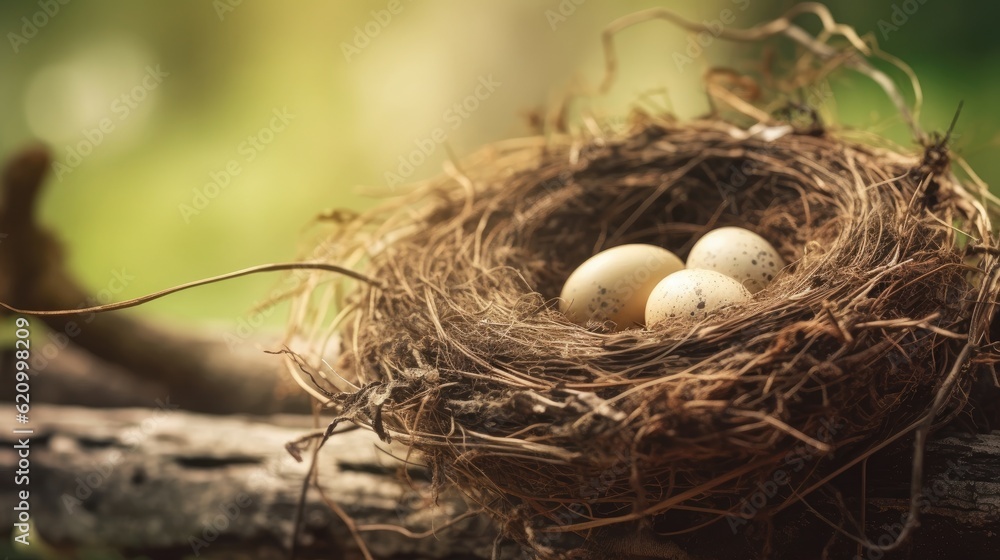 A small birds nest with eggs. Web banner with copy space. Generative AI A small birds nest with eggs. Web banner with copy space. Generative AI