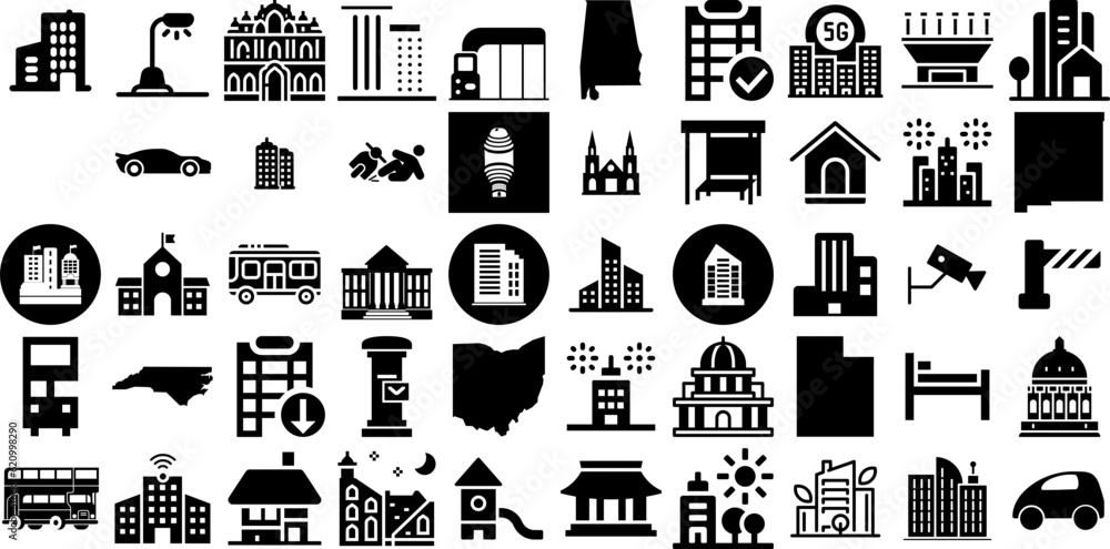 Big Collection Of City Icons Collection Black Cartoon Pictograms Municipal, Glyphs, Icon, Building Exterior Symbols For Apps And Websites - obrazy, fototapety, plakaty 