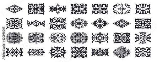 Set of 16 islamic black ornaments on background in vector. Asian new year gold decorative traditional oriental symbols. Circular ornamental arabic symbols. Abstract Asian elements of the Kazakhs