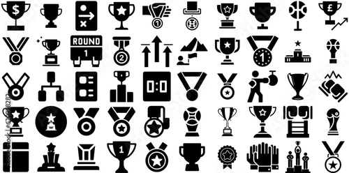 Mega Collection Of Champion Icons Collection Hand-Drawn Isolated Cartoon Symbols Success, Achievement, Icon, Sport Silhouettes Isolated On White Background