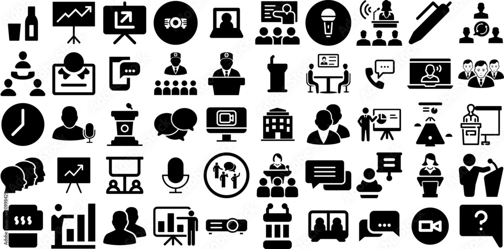 Huge Collection Of Conference Icons Collection Black Cartoon Elements Icon, Chat, Business, People Clip Art Isolated On White Background