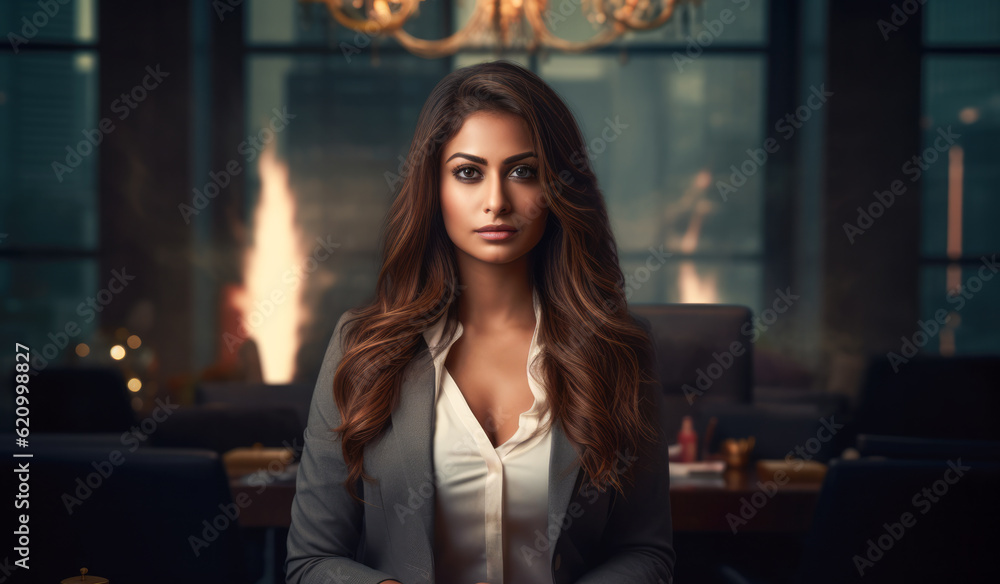 Close up of an Indian businesswoman with her workspace on the background. Generative AI Close up of an Indian businesswoman with her workspace on the background. Generative AI