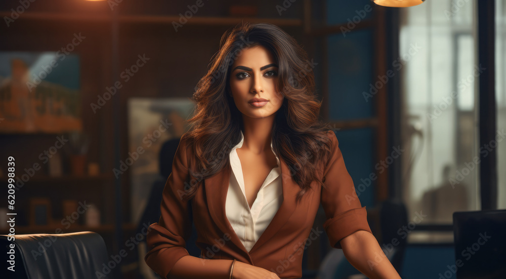 Close up of an Indian businesswoman with her workspace on the background. Generative AI Close up of an Indian businesswoman with her workspace on the background. Generative AI