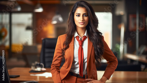 Close up of an Indian businesswoman with her workspace on the background. Generative AI