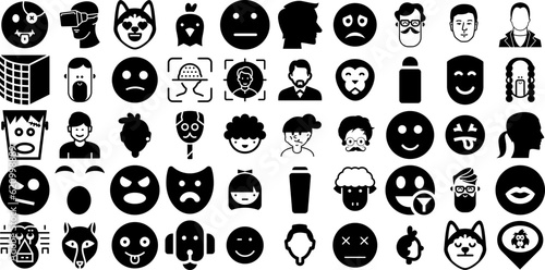 Massive Collection Of Face Icons Pack Hand-Drawn Black Modern Pictograms Silhouette, Laundered, Farm Animal, Profile Silhouettes Isolated On White Background
