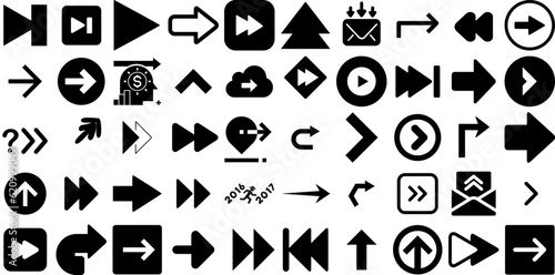 Huge Set Of Forward Icons Pack Hand-Drawn Linear Cartoon Silhouette Symbol, Previous, Icon, Skip Silhouettes Isolated On Transparent Background