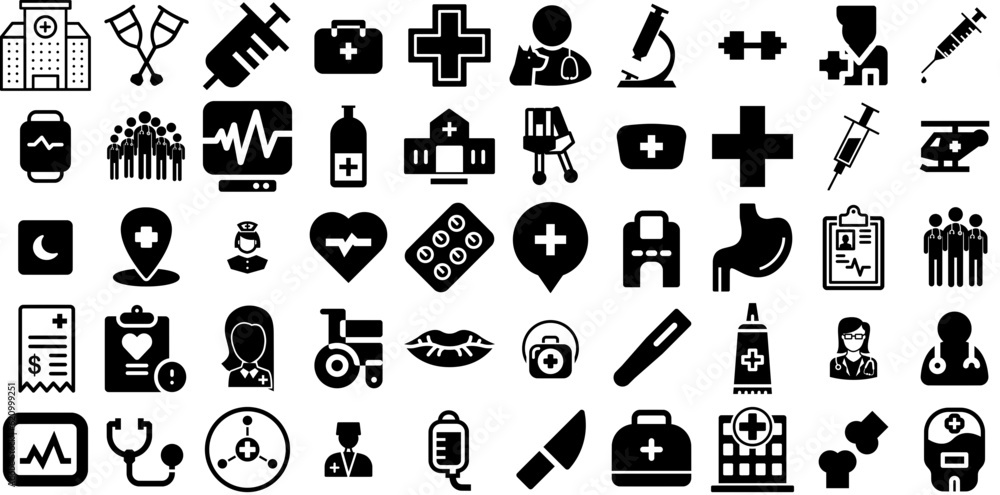 Massive Collection Of Hospital Icons Bundle Isolated Concept Elements Icon, Health, Patient, Symbol Pictograph Isolated On White