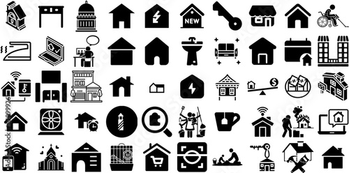 Big Set Of House Icons Set Hand-Drawn Black Cartoon Signs Roof, Tool, Silhouette, Mark Elements Vector Illustration
