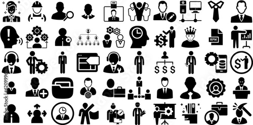Big Collection Of Manager Icons Set Hand-Drawn Isolated Concept Pictograms Businessman, Coach, Manager, Icon Elements Isolated On White