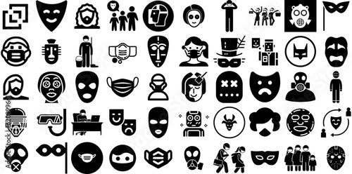 Big Collection Of Mask Icons Pack Flat Infographic Signs Weld, Icon, Symbol, Aid Elements Isolated On White Background