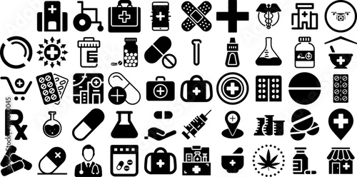 Massive Collection Of Pharmacy Icons Set Flat Design Symbols Thin, Tablet, Health, Icon Illustration Vector Illustration