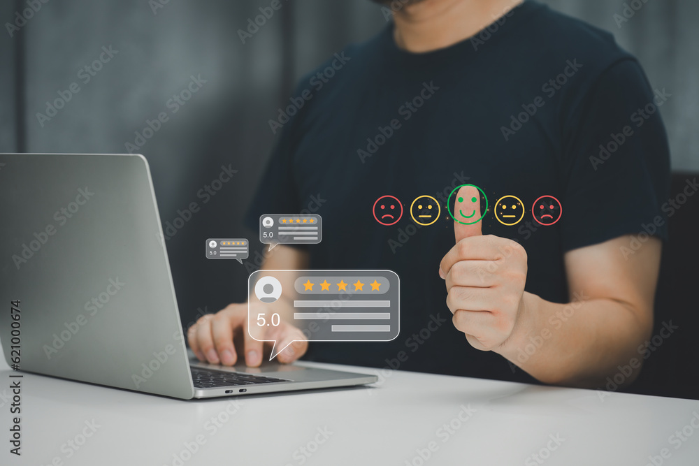 Users giving ratings to service experiences on an online website for customer review, satisfaction. Customer review good rating concept Users giving ratings to service experiences on an online website for customer review, satisfaction. Customer review good rating concept