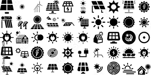 Mega Collection Of Solar Icons Collection Hand-Drawn Black Cartoon Silhouettes Protection, Roof, Symbol, Icon Symbol Isolated On Transparent Background photo
