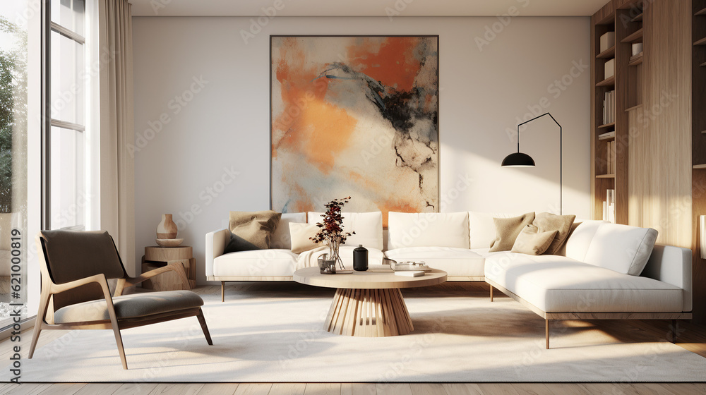 Fototapeta premium Stylish Living Room Interior with an Abstract Frame Poster, Modern interior design, 3D render, 3D illustration