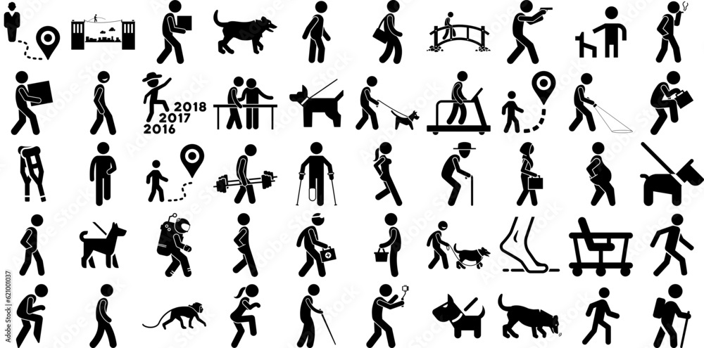 Naklejka premium Massive Collection Of Walking Icons Set Linear Simple Symbols Silhouette, Woman, Man, Businessman Doodle For Apps And Websites
