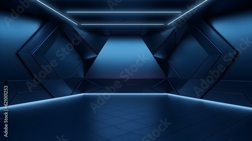 Empty geometrical Room in Navy Blue Colors with beautiful Lighting. Futuristic Background for Product Presentation.