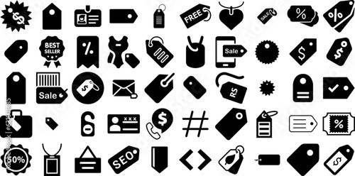 Mega Collection Of Tag Icons Bundle Hand-Drawn Isolated Cartoon Silhouettes Icon, Promotion, Outline, Speech Bubble Illustration Isolated On White Background