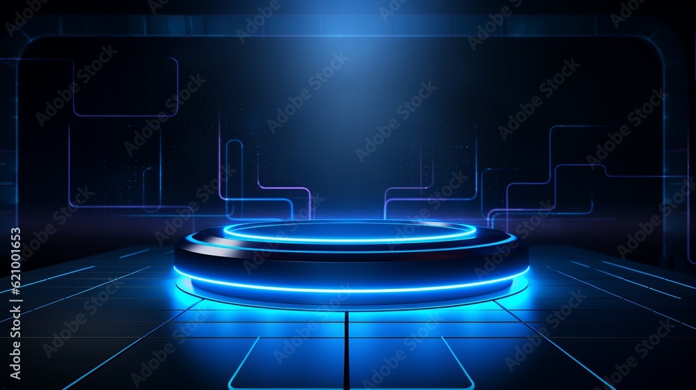 Naklejka premium Luxury 3d display minimalist empty space podium with blue neon light lamps on black background.