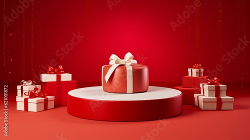 Background minimal podium scene with gifts for celebration in bright red color in cute style.