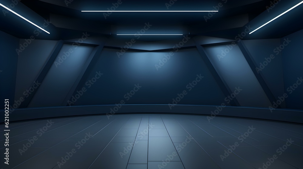 Empty geometrical Room in Navy Colors with beautiful Lighting. Futuristic Background for Product Presentation. Empty geometrical Room in Navy Colors with beautiful Lighting. Futuristic Background for Product Presentation.