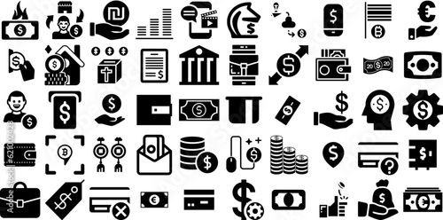 Massive Set Of Money Icons Bundle Isolated Modern Glyphs Finance, Coin, Goodie, Silhouette Pictograms For Apps And Websites